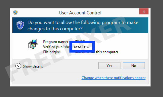 Screenshot where Total PC appears as the verified publisher in the UAC dialog